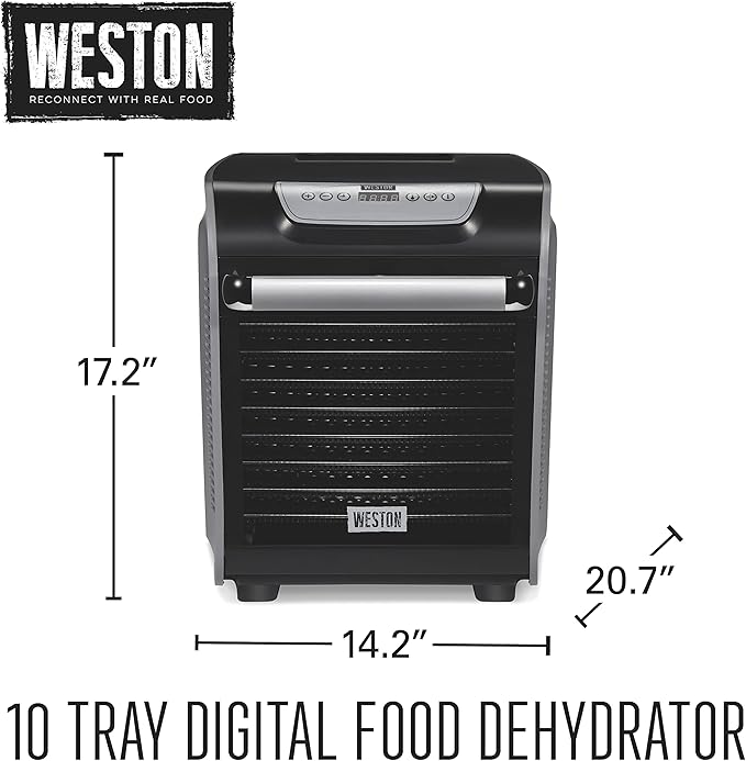 Weston Food Dehydrator Machine for Jerky, Fruit, Meat, Herbs, Vegetables, with Precision Digital Temperature Control (90-160F), 10 Stackable Trays (10.3 sq. ft.), Gray (75-1001-W)