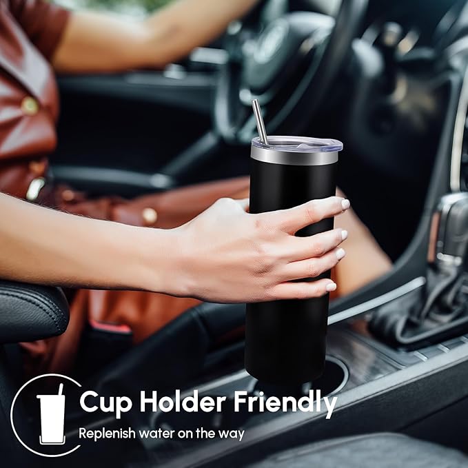 Volhoply 4 Pack Skinny Tumblers with Lid and Straw, 20oz Stainless Steel Straight Tumbler Bulk, Vacuum Insulated Coffee Mug for Home, Office, Travel, DIY (Black,4 Pack)