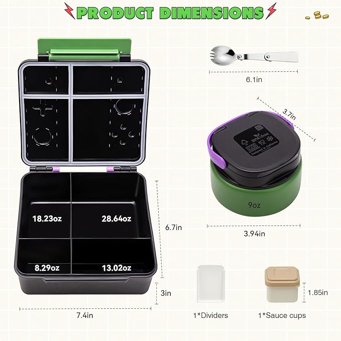 Game Bento Box for Kids, Lunch Box with Thermo(9oz Food Jar), Folding Spoon, Removable Divider & Sauce Cup, Lunch Box Kids for School,Travel, BPA-Free & Realistic Shape (Green-Purple)