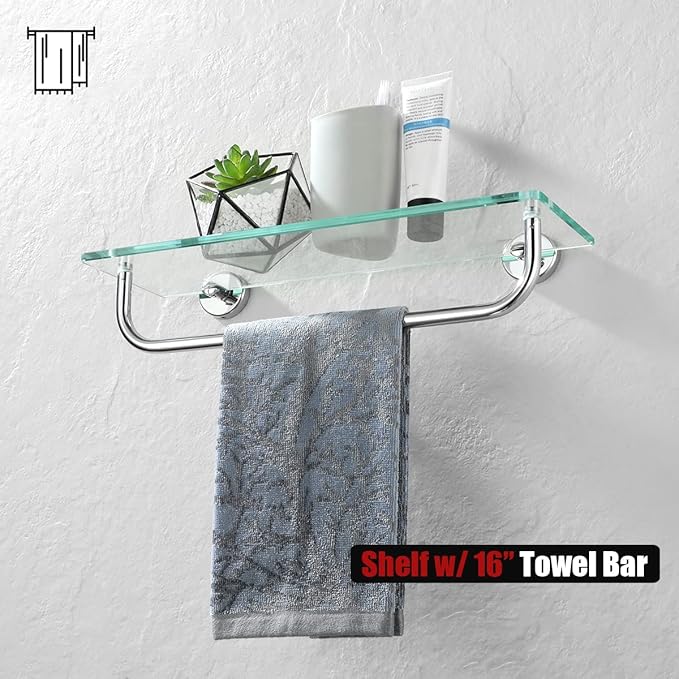 JQK Bathroom Glass Shelf Polished Chome, Shelf with 15 Inch Towel Bar Tempered Glass Shower Storage 16 by 5 inches, 304 Stainless Steel Silver Finish Wall Mount, TGS100-CH
