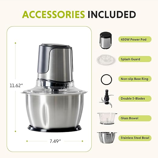 Simple Deluxe 450W Food Processor, Electric Food Chopper with 2x8 Cup Bowls & 2 Bi-Level Blades, Small Food Chopper Meat Grinder for Nuts, Fruits, Veggies, Baby Food & More