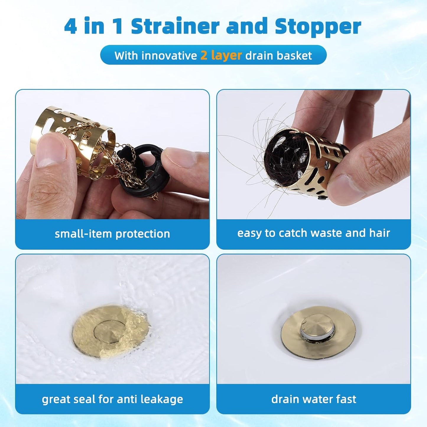 Universal Bathroom Sink Stopper Hair Catcher Upgraded with 2-Layer Detachable Filter Basket, 4 in 1 Pop Up Drain Strainer, Anti-Clog, Odor-Block, Fit for 1.1''~2.36'' Sinks, 2PCS, Brushed Gold