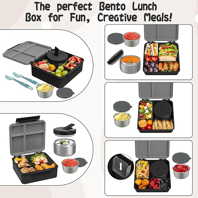 Kids Bento Lunch Box with 8oz Soup Thermo, Kids Leakproof Lunch Food Containers with 4 Compartment,Insulated Hot Food Jar with Lunch Bag for School, Travel (Black)