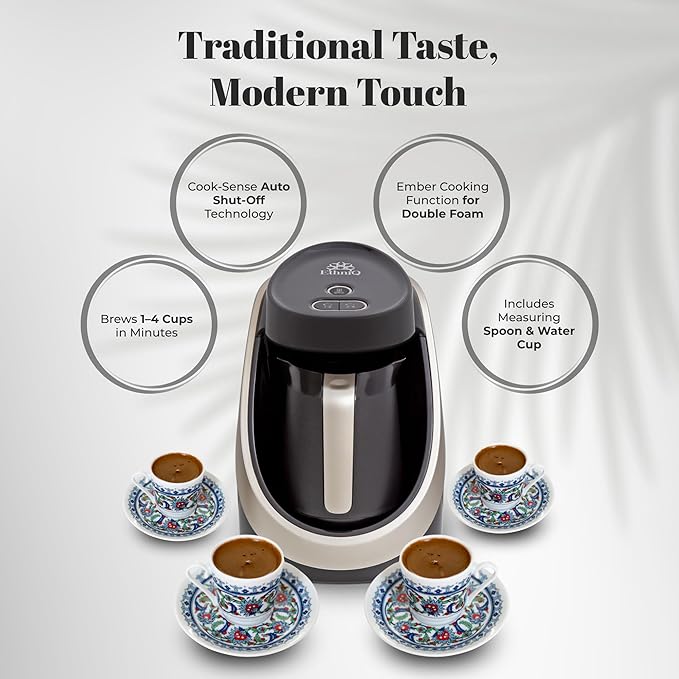 ETHNIQ Turkish Coffee Maker - 100% BPA Free, 120V, 1 to 4 Cup Brewing Capacity with Cook Sense Technology for Delicious Cup of Turkish & Greek Coffee, Turkish Coffee Pot - Black