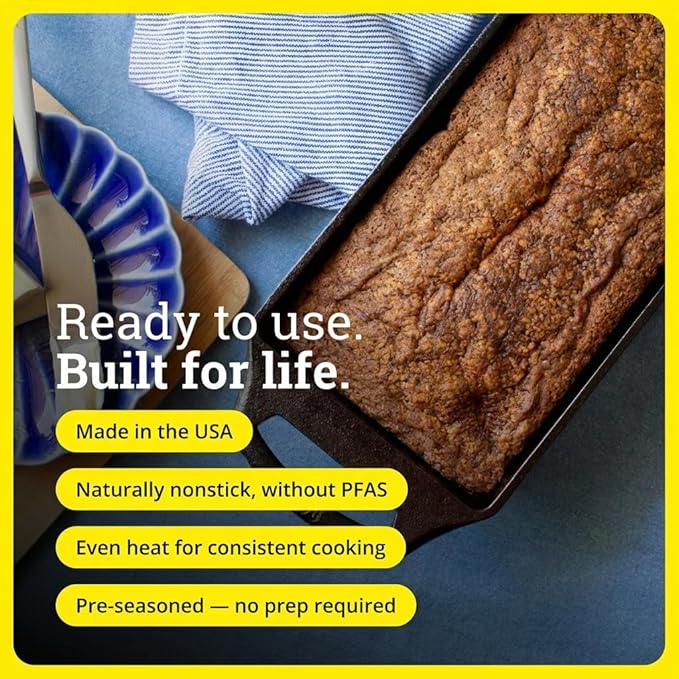 Lodge Seasoned Cast Iron Loaf Pan - Pre-Seasoned Rectangular Cast Iron Bakeware- Even Browning Bread Pan with Easy-Release Finish - PFAS-Free Non-Toxic Cookware - 8.5 Inches
