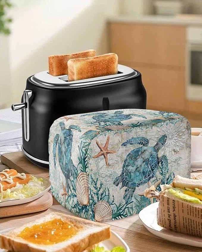 Teal Sea Turtle Toaster Cover 2 Slice, Coastal Coral Ocean Dustproof Bakeware Oven Protector with Top Hook, Nautical Vintage Waterproof Small Kitchen Appliance Toasters Dust Cover, 12"x7.5"x8"
