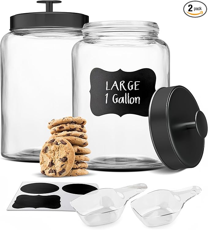 KooK Glass Storage Containers with Lids, Glass Jar with Lid, 1 Gallon, Set of 2, Glass Canister, Storage, Laundry, Kitchen Jar, (Circular, Black)