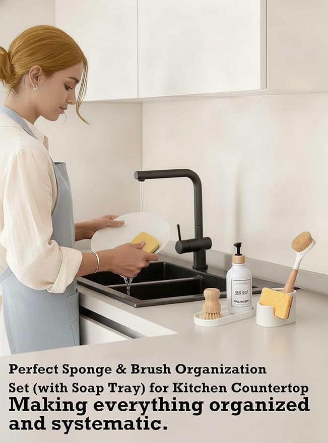 3 in 1 Ceramic Sponge&Brush Holder and Soap Tray Set, Leak-Proof Design to Keep Countertops Dry, Flexible Modular Placement, Modern Minimal Sink Organizer for Kitchen & Bathroom Countertop, White