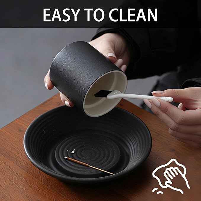 CEREMONY Incense Holder, Ceramic Incense Holder for Sticks with Glass Ash Catcher, Anti-ash Incense Burner with 20 Incense Sticks and a Ash Brush for Meditation Yoga Spa Room Decor (Black)