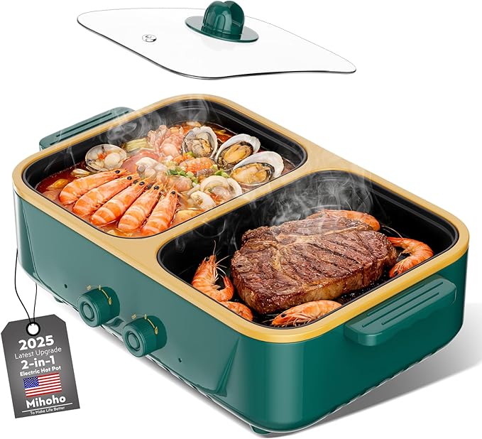 2-in-1 Electric Hot Pot and Grill Combo,1000W Dual Temper Control, Fast Heating - Indoor Cooking Appliance for BBQ, Steaks, Noodles & More - Suitable for Up to 3 People (Green T)