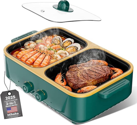 2-in-1 Electric Hot Pot and Grill Combo,1000W Dual Temper Control, Fast Heating - Indoor Cooking Appliance for BBQ, Steaks, Noodles & More - Suitable for Up to 3 People (Green T)