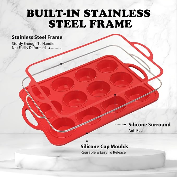 2 Pack Silicone Muffin Pan with Metal Frame, Non-stick Regular Silicone Cupcake Pan with Handles 12 Cup, Silicon Muffin Tin Tray for baking, egg bites, Cupcake Mold, BPA Free Red
