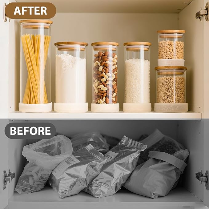 TBWIND Glass Storage Containers with Bamboo Lids – 7 Pack Airtight Clear Glass Jars in Mixed Sizes (17oz/25oz/34oz/53oz/73oz) for Pantry Organization, Kitchen Dry Food, Coffee, Flour, Pasta & Snacks