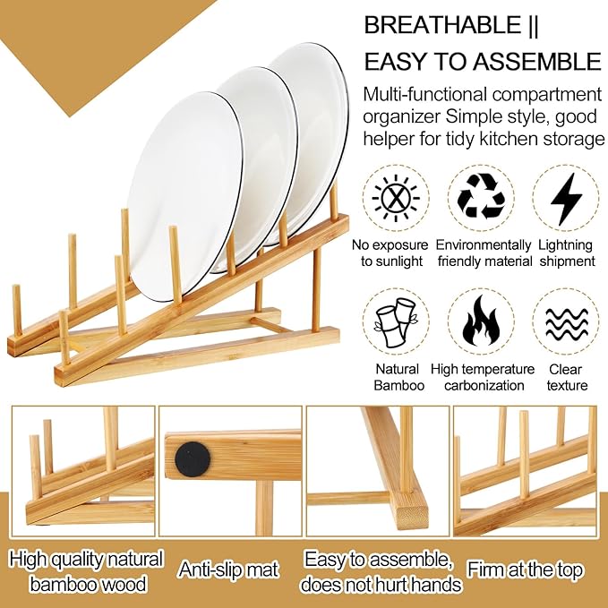 Suclain 6 Pcs Wooden Bamboo Dish Drying Rack Kitchen Cabinet Organizer for Cabinet Cutting Board Display Stand for Dish Plate Bowl Water Bottles Cup Pot Lid Cutting Board