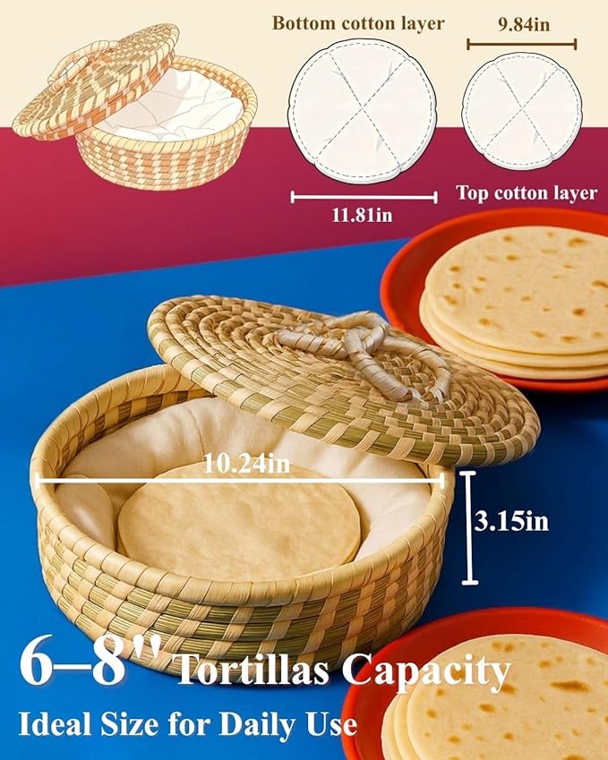 Handwoven Seagrass Tortilla Warmer Basket with Lid, 9.6" Breathable Natural Tortilla Holder with 2 Washable Cotton Liners, Boho Farmhouse Style Server for Tortillas, Roti, Pancake & Flatbread
