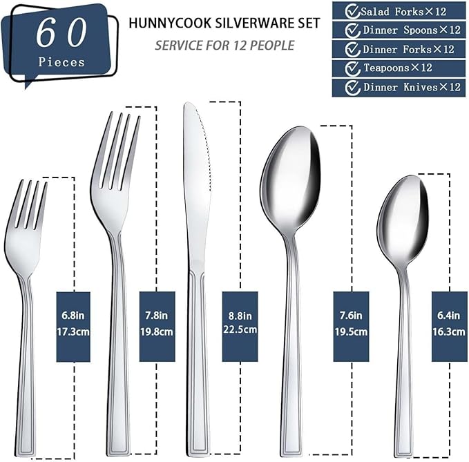 Hunnycook 60-Piece Silverware Set - Stainless Steel Silverware Set for 12, Include Spoons and Forks Set, Mirror Polished, Dishwasher Safe, Cutlery Set for Home Kitchen Restaurant