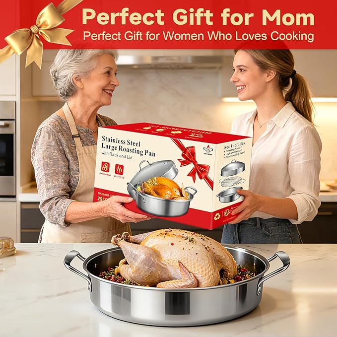 GRILL BUMP Roasting Pan, 21x13x11 Inch, Silver, Rectangular, Stainless Steel, 25LB Capacity, Turkey & Chicken Roaster with Rack and Lid
