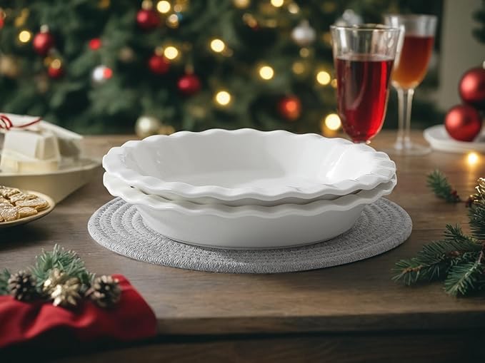 MALACASA Ceramic Pie Pan Set of 2, 9 inch, 40 oz Round Pie Dishes with Fluted Edges, Non Stick, For Quiche, Apple Pies, Pot Pies & More