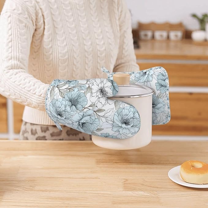Oven Mitts and Pot Holders Set, Vintage Pastel Flower Peony Silicone Kitchen Accessories 4 Piece Heat Resistant Long Gloves Potholder Non-Slip Grip for Chef Cooking Baking Grilling BBQ