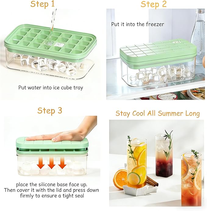 Ice Cube Tray with Lid and Bin + Silicone Ice Cube Trays with Lid and Bin