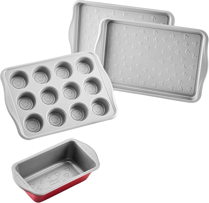 Farberware Disney Bake with Mickey Mouse Nonstick Bakeware Set/Baking Pans with Disney Home Oven Mitts, Cookie Pans, Muffin/Cupcake and Loaf Pan, 6 Piece Non Stick Bakeware Set - Red