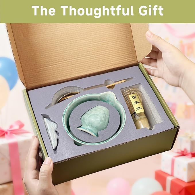 Matcha Whisk Set with Ceramic Bowl - Bamboo Whisk (Chasen), Scoop, Sifter & Holder - Complete Kit for Traditional Matcha Tea - Unique Gifts for Women, Men, Tea Lovers (Matcha Crystal)