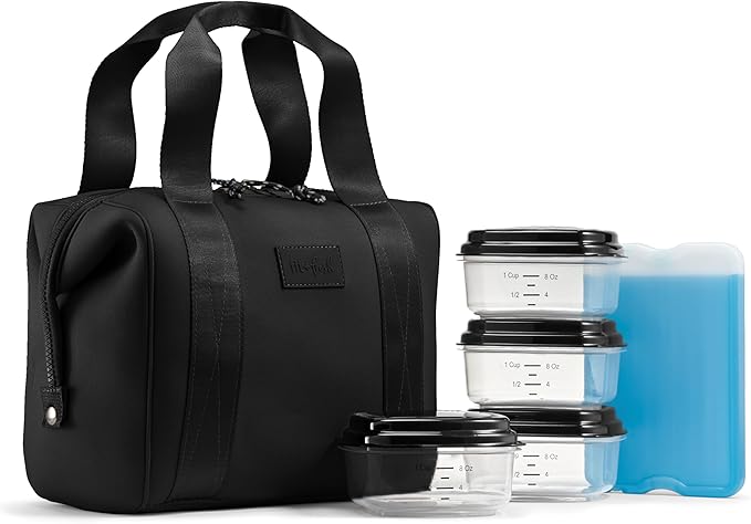 Fit & Fresh Remi Neoprene Lunch Bag For Women - Meal Prep Kit with Containers & XL Ice Pack, Self Insulating Neoprene-like Material, Machine Washable Lunch Bag, Tear-Resistant, Stain-Resistant, Black