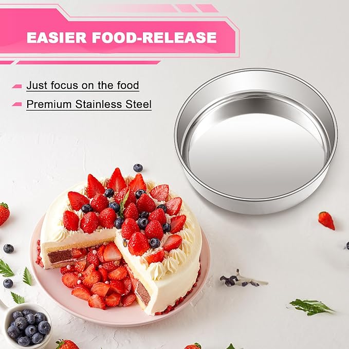 EWFEN 8 Inch Cake Pan Set of 2, Stainless Steel Round Layer Cake Baking Pans Tins, Non-Toxic & Healthy, Leak-proof & Easy Clean & Dishwasher Safe