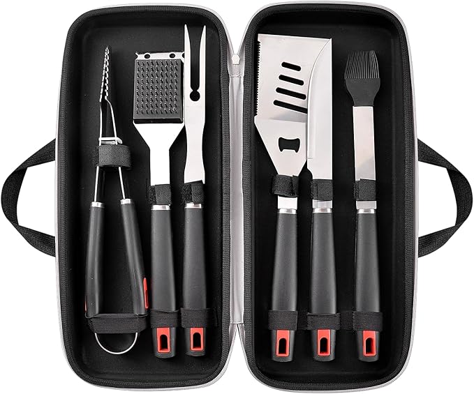 Grilling Accessories Set Spatula Fork Cleaning Brush Food Tongs Carving Knife Basting Brush Durable Stainless Steel BBQ Grill Tools with Extra Thick Storage Case BBQ Accessories Grill Set