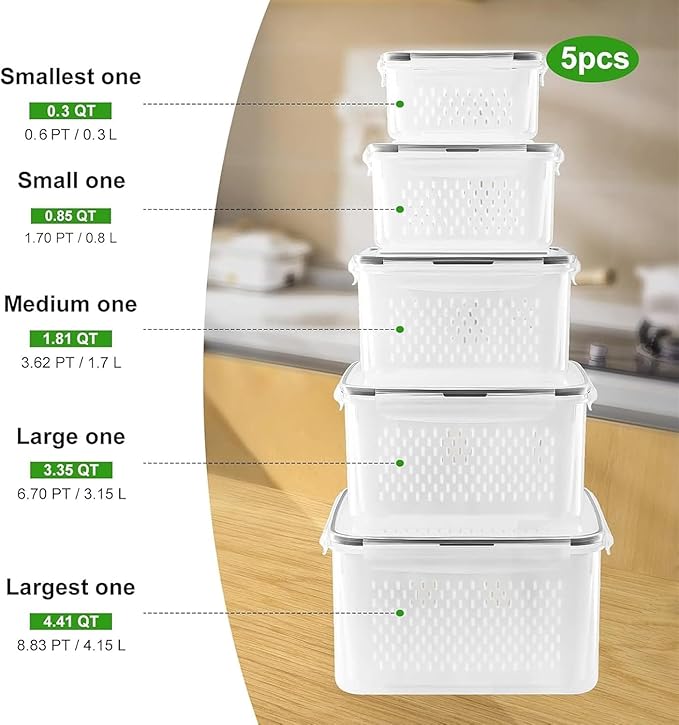 5 PCS Fruit storage Containers for Fridge with Removable Colander and Chopper Set, Leakproof Food Storage Containers with lids, Dishwasher & Microwave Safe Produce Containers to Keep Fruits Fresh ﻿