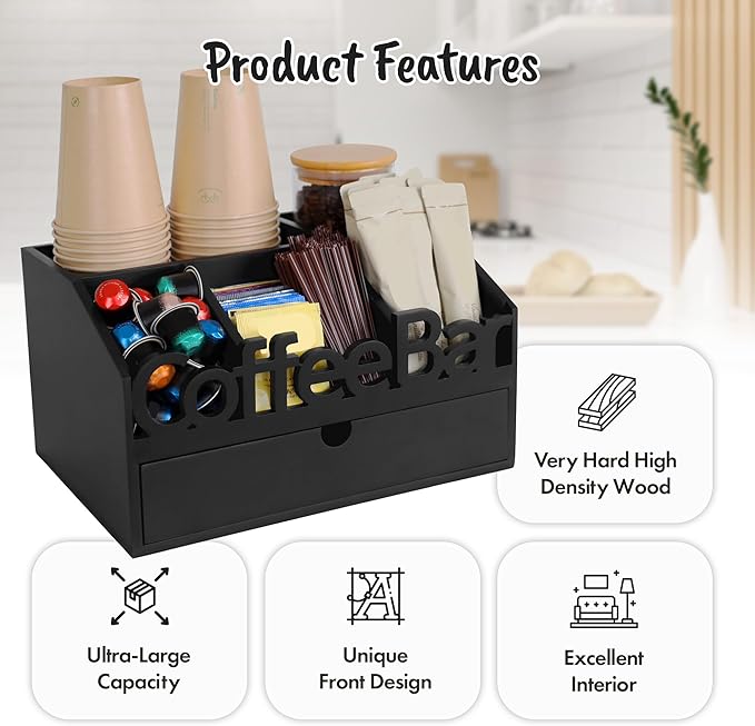 Coffee Bar Organizer for Countertop - Wooden Coffee Organizer Condiment Station, Coffee Station Organizer for Home & Office, K Cup Stand for Counter, Tea Box - Black Drawer Type