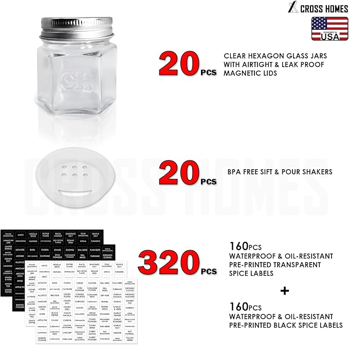 20 Pack Magnetic Spice Jars for Refrigerator, Hexagon Glass Magnetic Spice Jar with Shaker Lids Label for Kitchen RV Travel Trailer Boat, Magnet Seasoning Containers for Fridge Cabinet Wall mount Rack