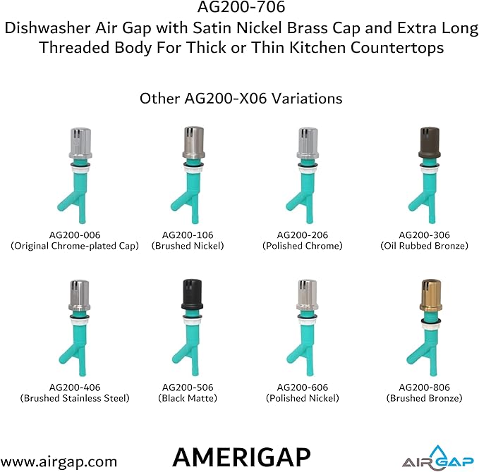 Dishwasher Air Gap with Skirted Satin Nickel Brass Cap and Extra Long Threaded Body for Thick or Thin Kitchen Countertops (AG200-706, AG200-X06, AMERIGAP)