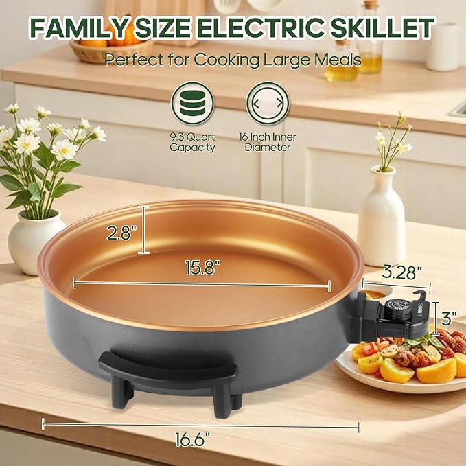 16" Extra Large Electric Skillet with lid, Ceramic Nonstick Coating Electric Frying Pan, 1500W Quick & Even Heating, 5 Adjustable Temperature Control, Tempered Glass Lid & Cool-Touch Handles