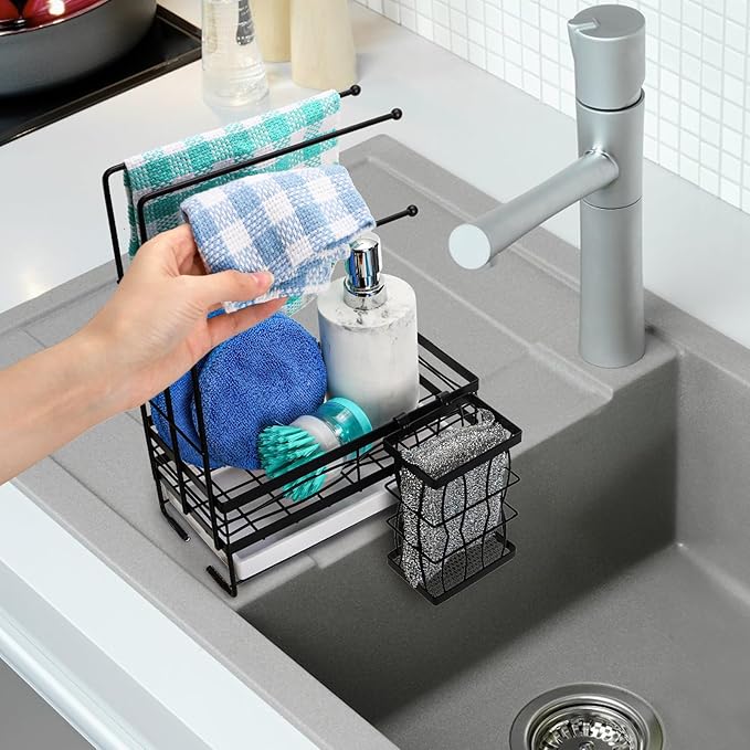 Tlence Kitchen Sink Caddy with 3 Dishcloth Drying Racks, Sponge Holder Rag Stand with Drain Pan, Metal Sink Storage Organizer with Removal Basket for Brush, Towel, Scrubber, Dish Rag, Black