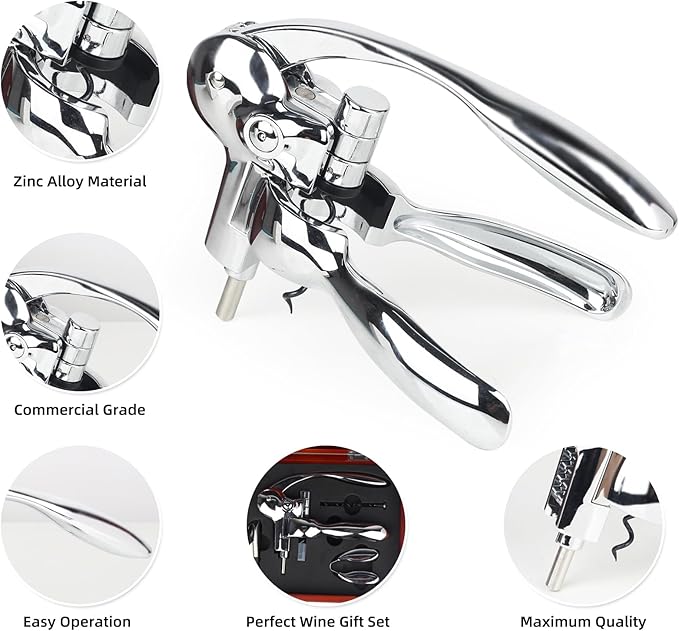 Rabbit Wine Opener Set, Premium 6-Piece Corkscrew Kit with Wooden Gift Box, Includes Foil Cutter, Wine Stopper & Accessories, Easy Cork Removal, Perfect for Wine Lovers (Vintage Silver)