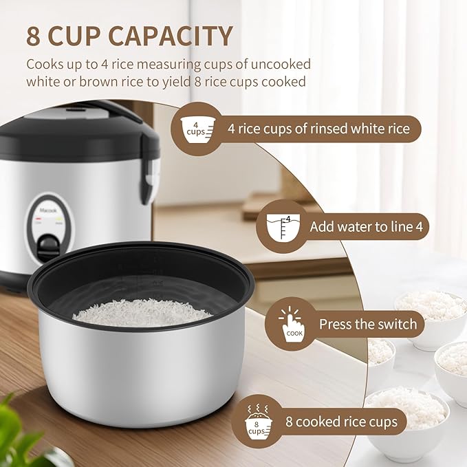 Macook Stainless Steel Rice Cooker with Steamer, 4-Cup Uncooked (1.0L)/8-Cup Cooked, Electric Grain & Vegetable Cooker, Auto Keep Warm for Oatmeal, Soups & Multicooking