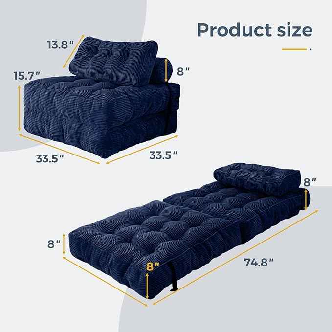 MAXYOYO Folding Sofa Bed, Convertible Sleeper Chair with Pillow Foldable Matress with Back Support, Portable Fold Out Chair Bed Comfy Floor Sofa Lounge for Living Room Bedroom, Navy, Single