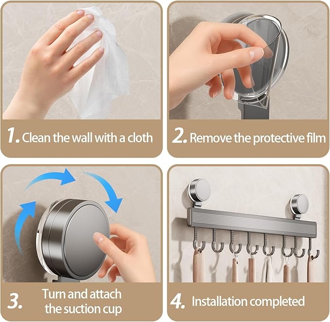 8 Hooks Aluminum Kitchen Rack, No Drilling Wall Mount, Strong Adjustable Suction Cup Hooks for Organizing Kitchen Utensils, Spatulas, Mugs, and Cutlery (Grey, 40cm)
