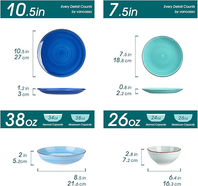 vancasso Bonita Stoneware Dinnerware Sets 24 Pieces Service for 6, Hand-Painted Spiral Dishes Set, Ceramic Kitchen Plates and Bowls Sets-Microwave and Dishwasher Safe (Blue,24 Pcs)