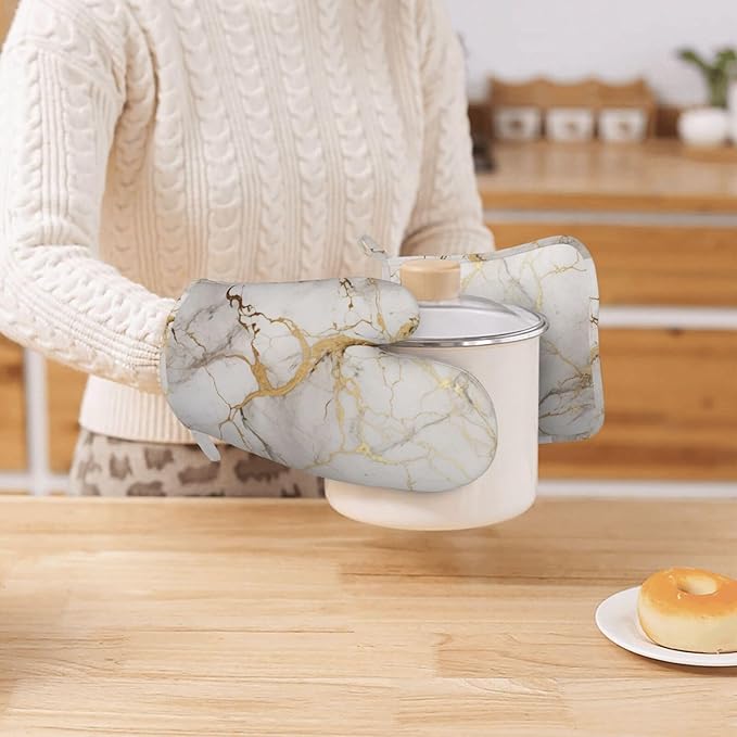 Oven Mitts and Pot Holders Marble Gray Gold White Silicone Kitchen Accessories Set of 4 Heat Resistant Long Gloves Potholder Non-Slip Grip for Chef Cooking Baking Grilling BBQ