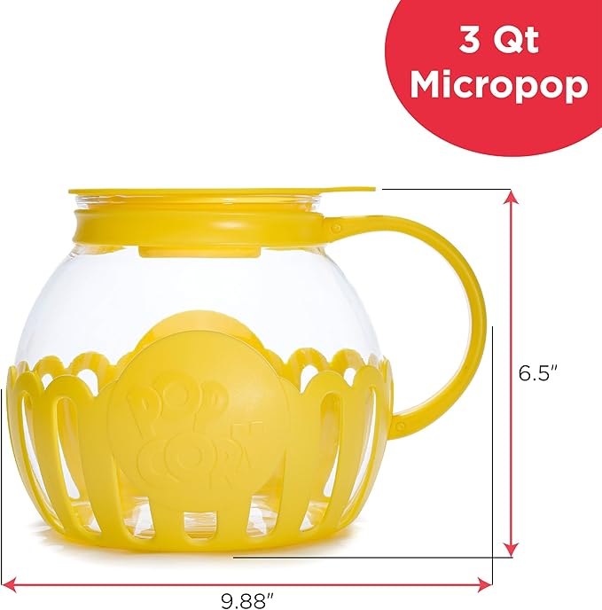 Ecolution Patented Micro-Pop Microwave Popcorn Popper with Temperature Safe Glass,3-in-1 Lid Measures Kernels and Melts Butter,Made Without BPA,Dishwasher Safe,3-Quart,Yellow,(Pack of 4)
