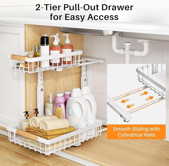 PXRACK Under Sink Organizer,1 Pack,2 Tier Metal Slide out Sink Shelf Pull out Cabinet Organizer Drawers, Under Sink Organizers and Storage for Kitchen Bathroom Pantry Closet Cabinet