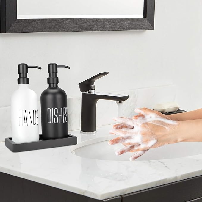 Kitchen Soap Dispenser Set with Silicone Tray, Premium Glass Hand and Dish Soap Dispenser Set for Kitchen Sink, Rustproof Stainless Steel Pump, Modern Kitchen Décor & Versatile Gift for Any Occasion
