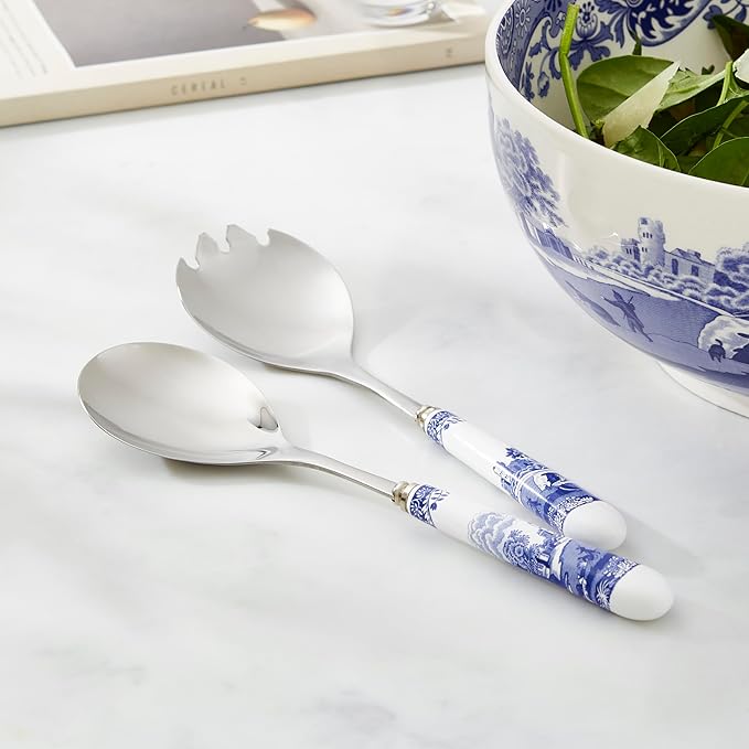 Spode Blue Italian Collection Salad Servers | 2 Piece Spoon and Fork Set | 10 Inch | Blue and White | Made of Porcelain and Stainless Steel | Italian Countryside Design
