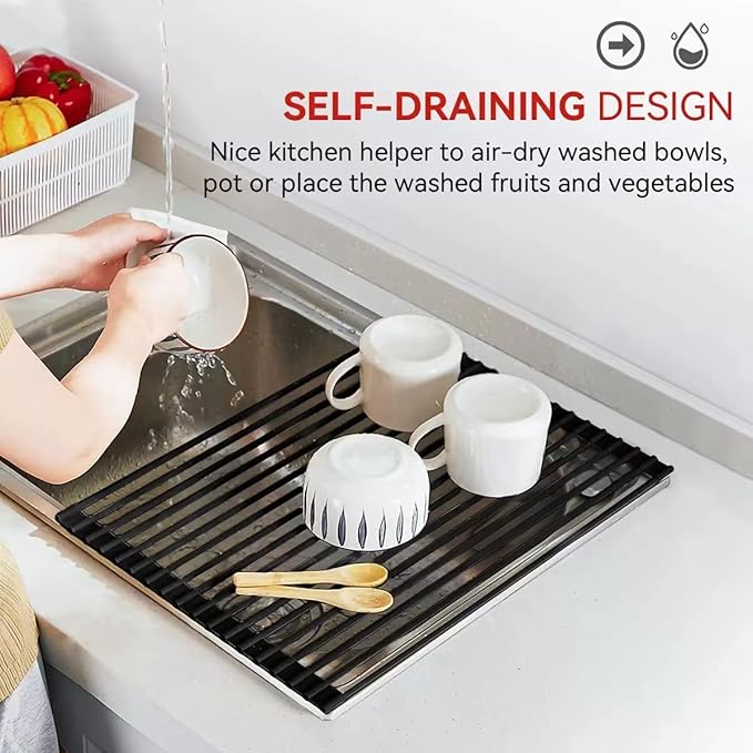 MERRYBOX Roll Up Dish Drying Rack, Silicone Wrapped Over The Sink Dish Rack Foldable Dish Drainer Anti-Slip Dish Racks for Kitchen Counter, Multipurpose Kitchen Sink Drying Rack, 18" x 13", Black