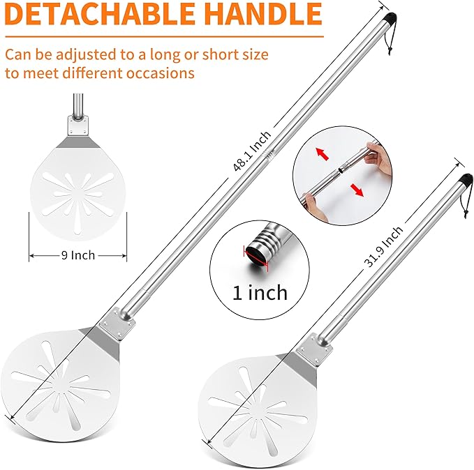 Stainless Steel Pizza Turning Peel 9-Inch, HaSteeL Round Pizza Turner Paddle, Perfortaed Pizza Spinner Spatula with Long Detachable Handle, Dishwasher & Oven Safe