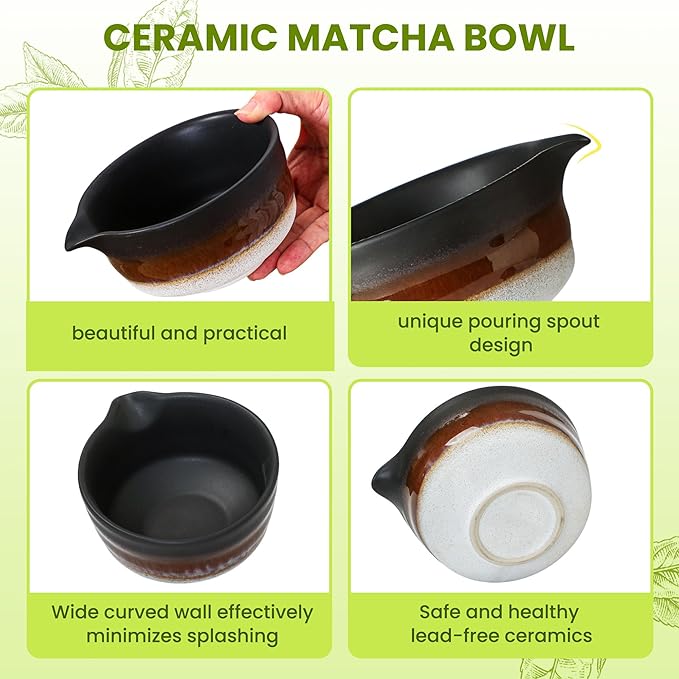 Matcha Whisk Set, Ceramic Matcha Set Desert Series, Matcha Bowl, Matcha Whisk and Holder, Bamboo Scoop, Scoop Rest, Sifter and Tea Towel 7 Pcs Matcha Kit for Birthday Christmas Gift (Matte Black)