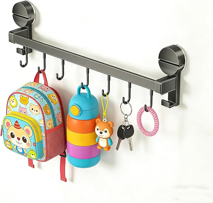 Wall Mounted Utensil Hook Rack with 8 Hooks, No Drill Installation, Space Gray Finish, Kitchen Organizer for Coats, Bags, and Accessories，Suction Cup Storage (1Pack)