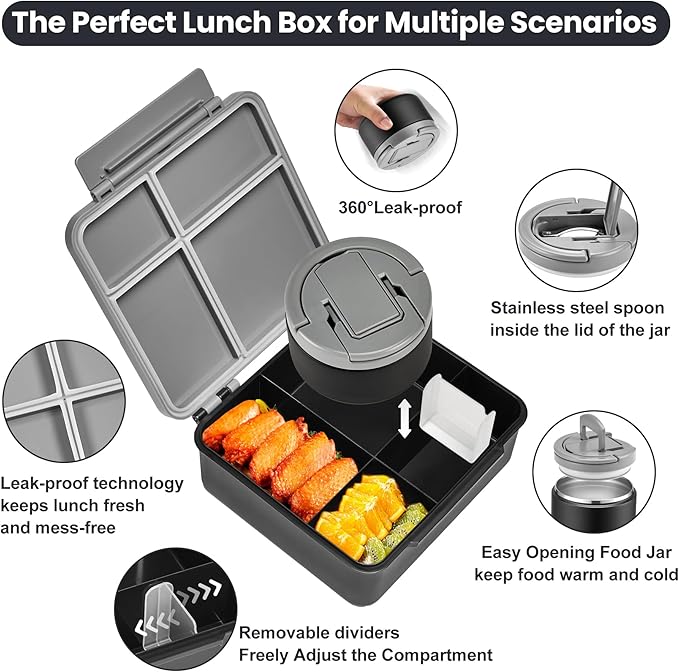 Bento Lunch Box for Kids with 8oz Soup Thermo,Kids Leakproof Lunch Food Containers with 4 Compartment,Kid Insulated Thermo Hot Food Jar for School,Trvael-Black